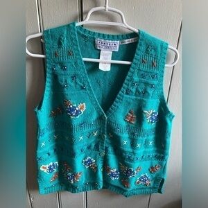 Vtg Jantzen Woman Hand Embroidered Floral Cardigan Sweater Vest L Petite Teal